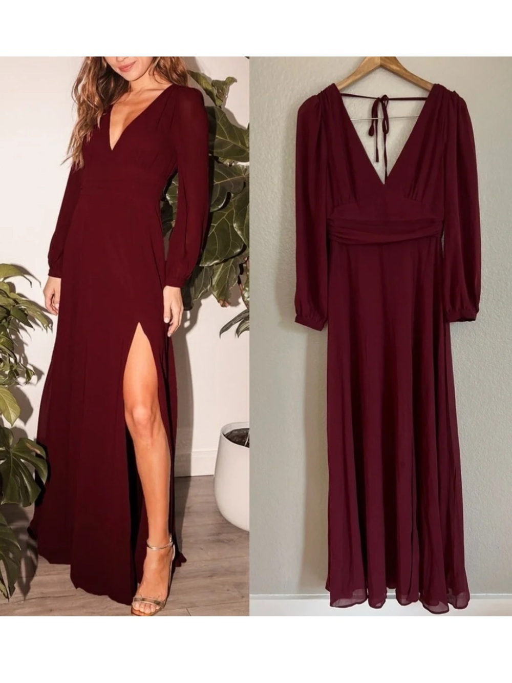 Lulu's Burgundy Long-Sleeve V-Neck Maxi Dress with Side Slit